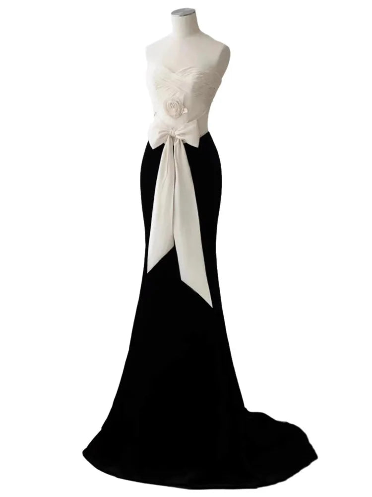 Velvet Strapless Sweetheart Bow Waist Patchwork Mermaid Maxi Gown - View 6