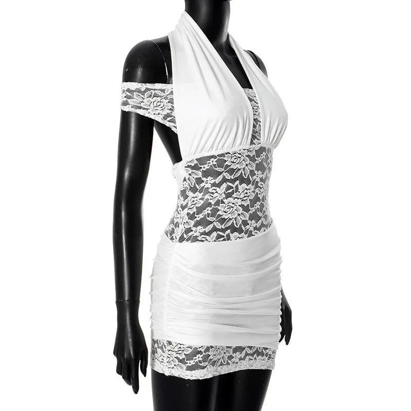 Lace Halter Neck Off Shoulder Ruched Bodycon Mini Dress - View 7
