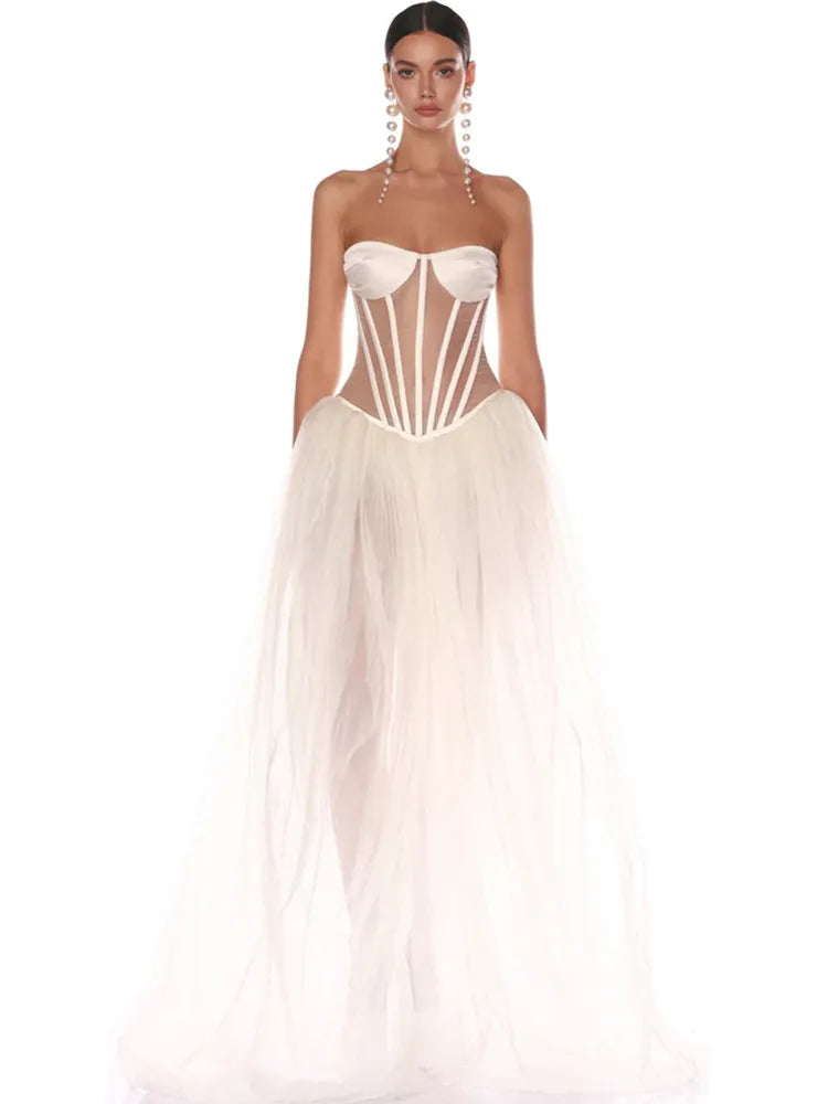 Strapless Mesh White A Line Maxi Long Dress
