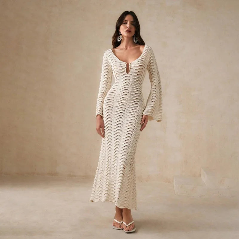 Open Knit Bell Sleeve Keyhole Metal Bar Back Tie Maxi Dress - View 12