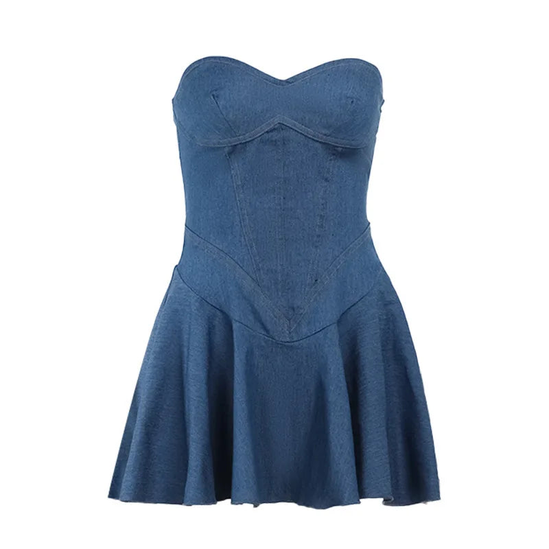 Strapless Denim Corset Sweetheart Pleated Ruffle Mini Dress - View 5