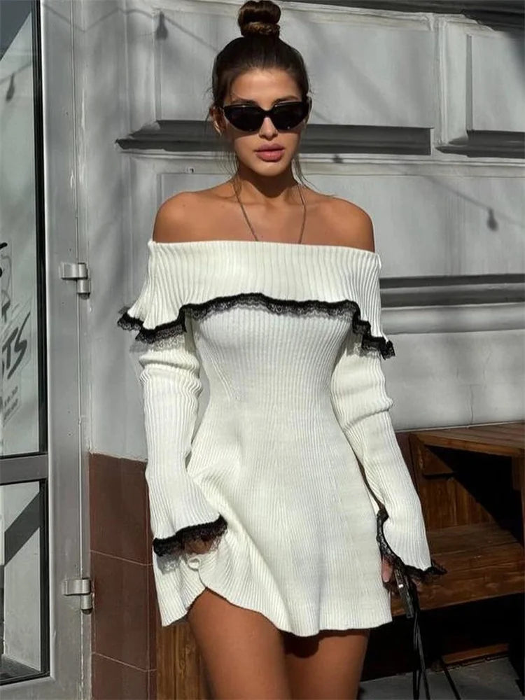 Fresia - Contrast - Lace Off - Shoulder Mini Dress - View 2