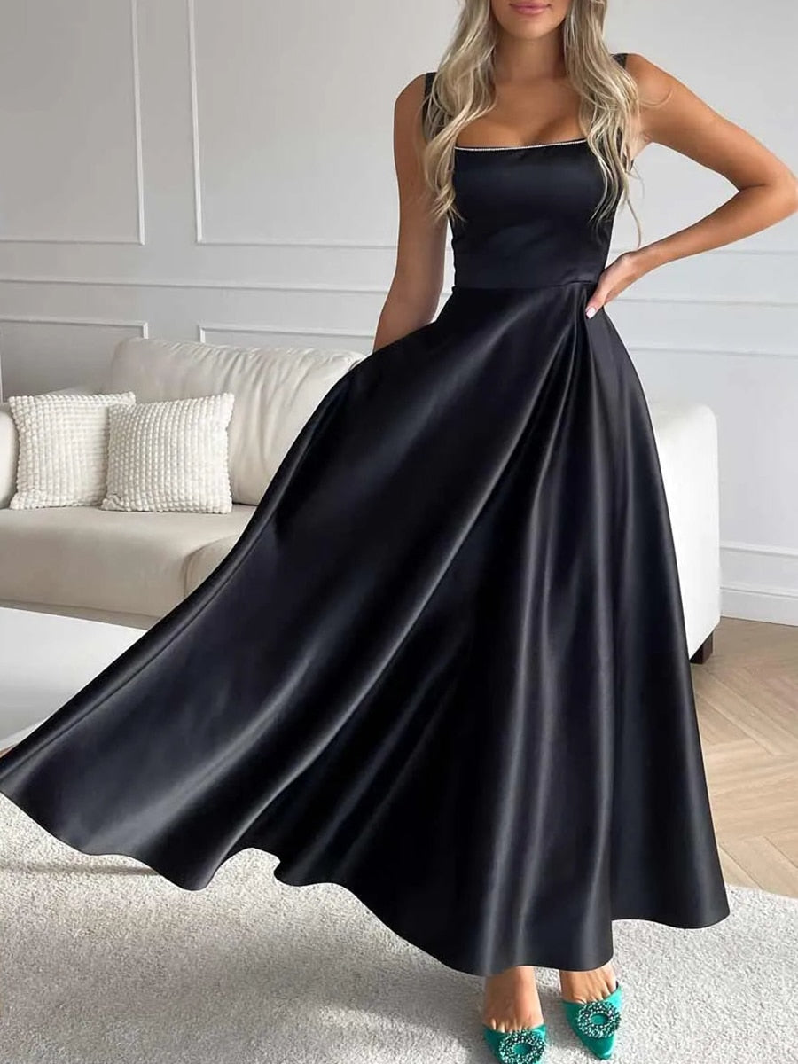 Satin Square Neck Rhinestone Trim Wide Strap Maxi Gown