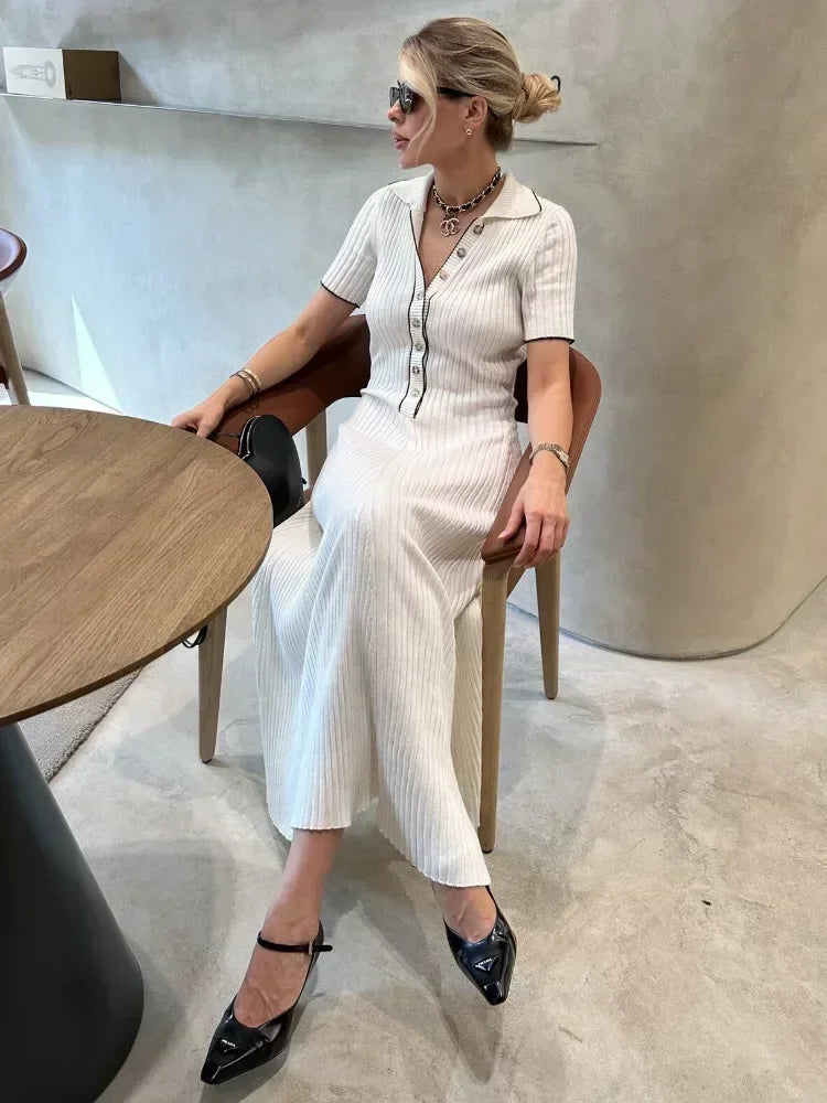 Ribbed Knit Polo Collar Short Sleeve Button Front Maxi Dress 6