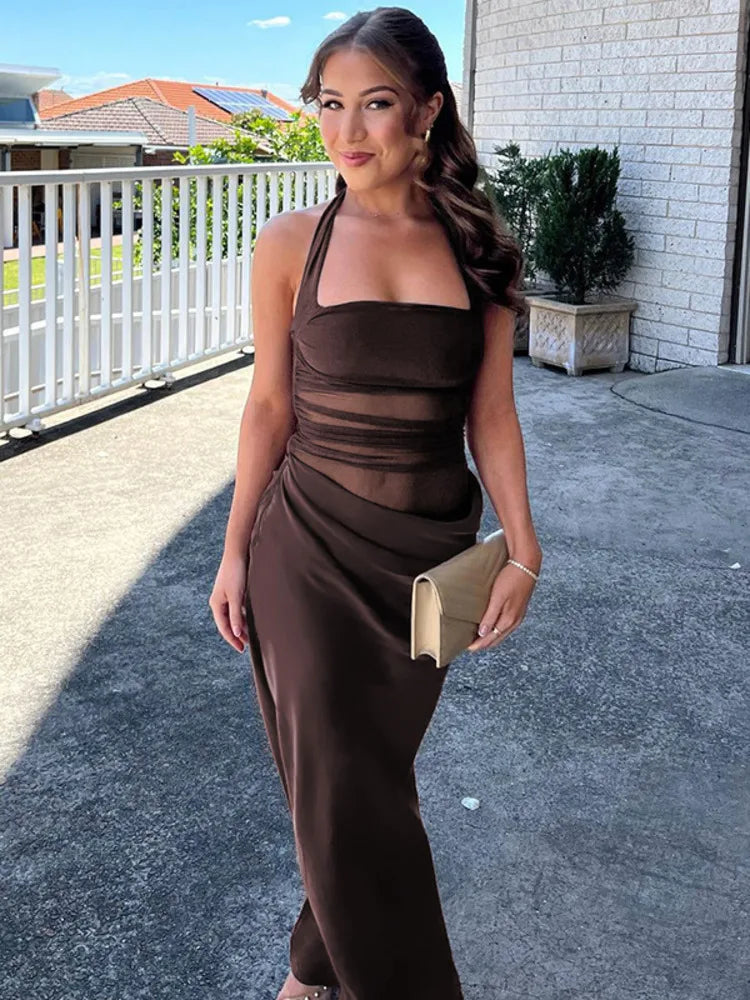 Mesh Halter Neck Backless Ruched Bodycon Maxi Dress