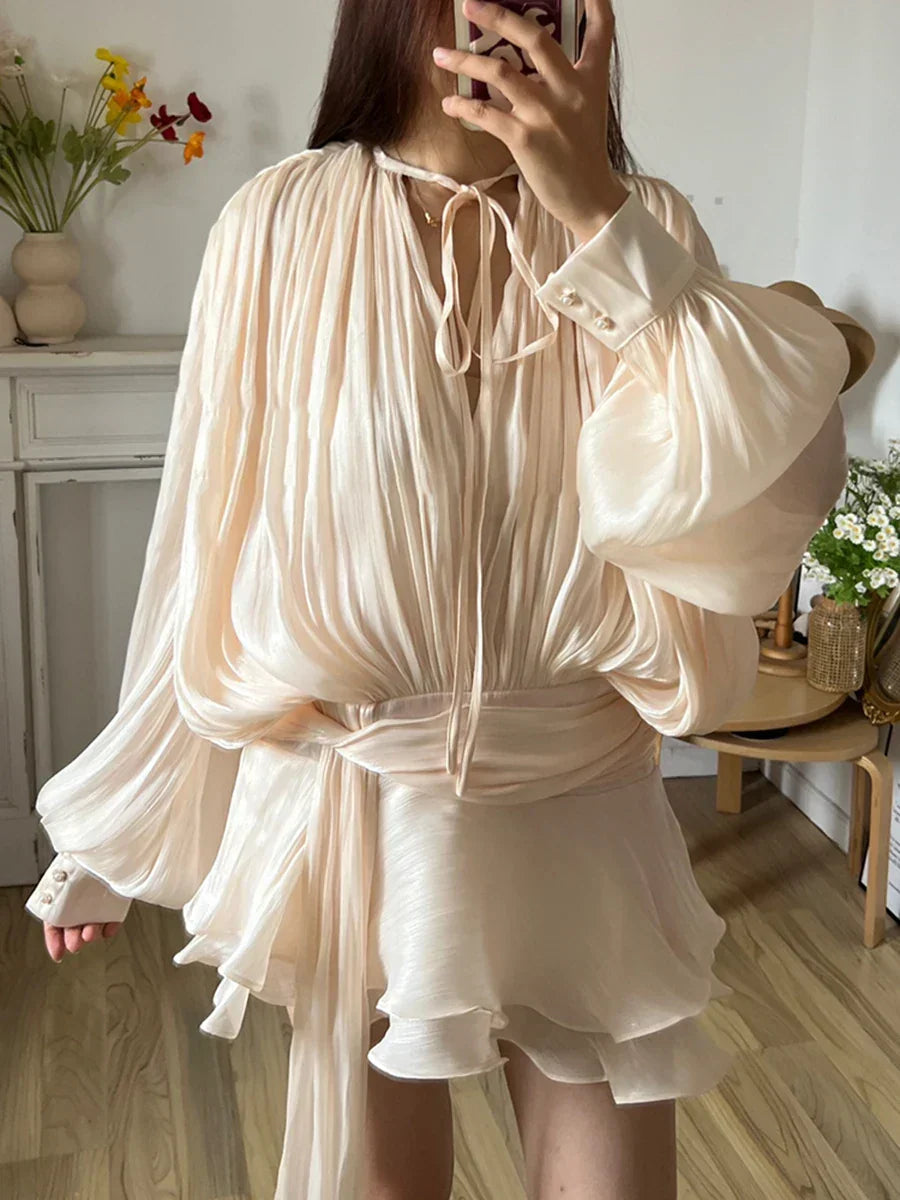 Lace Up V Neck Sweet Style Mini Dress