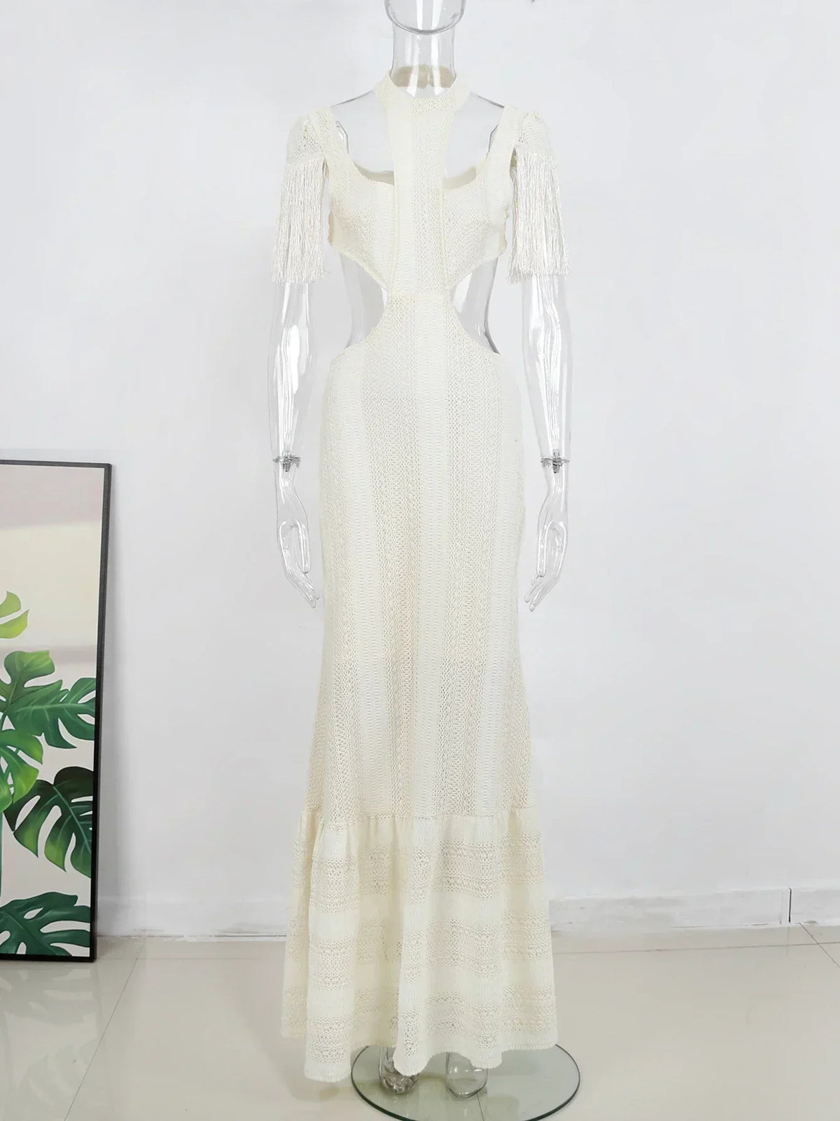 Crochet Knit Deep V-Neck Waist Cut Out Fringe High Split Maxi Dress - View 10