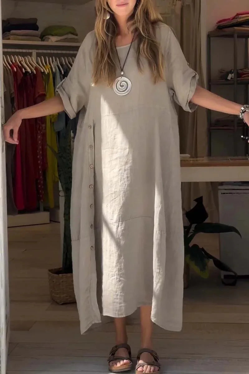 V-Neck Roll Tab Sleeve Pocket Oversized Maxi Dress 7