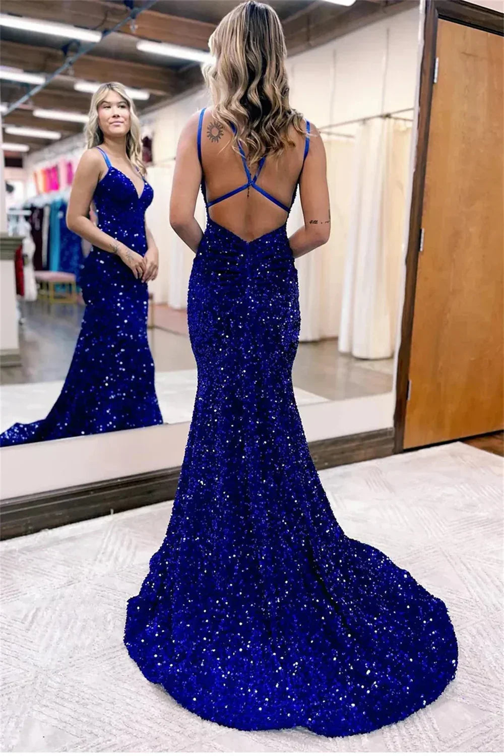 Sequin V-Neck Sleeveless Backless Bodycon Maxi Party Dress - View 5