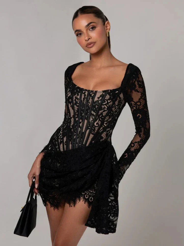 Corset Draped Square Collar Ruched Lace Dress - View 2
