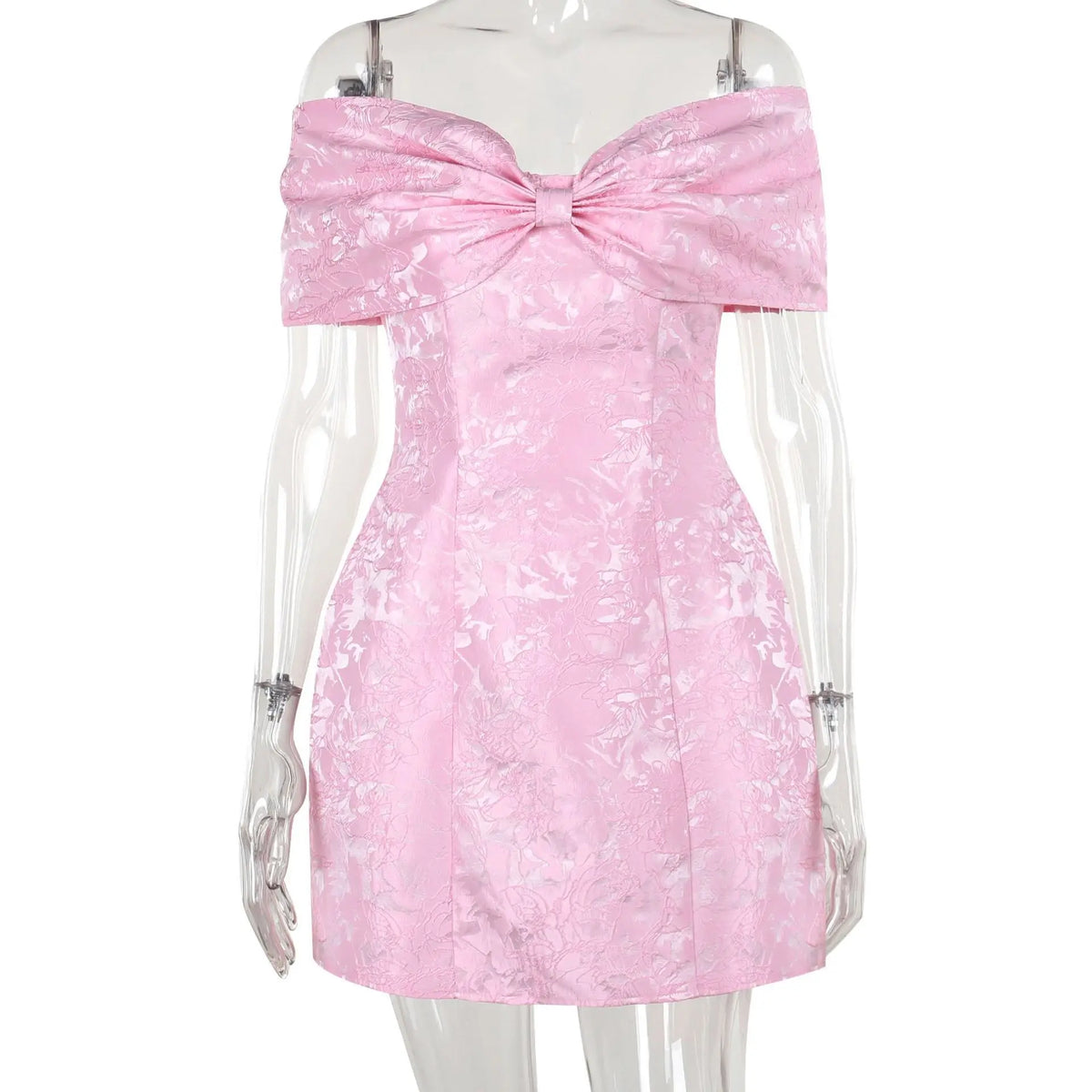 Bow Off Shoulder Backless A - line Jacquard Party Dress - View 4