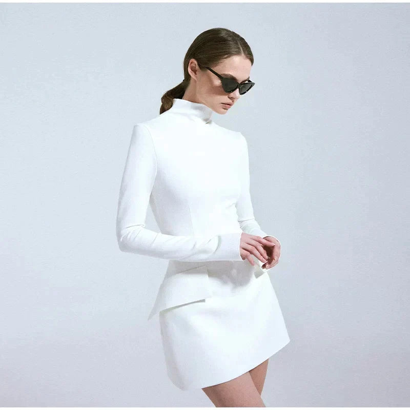 Mock Neck Long Sleeve Peplum Hem Bodycon Mini Dress - View 2
