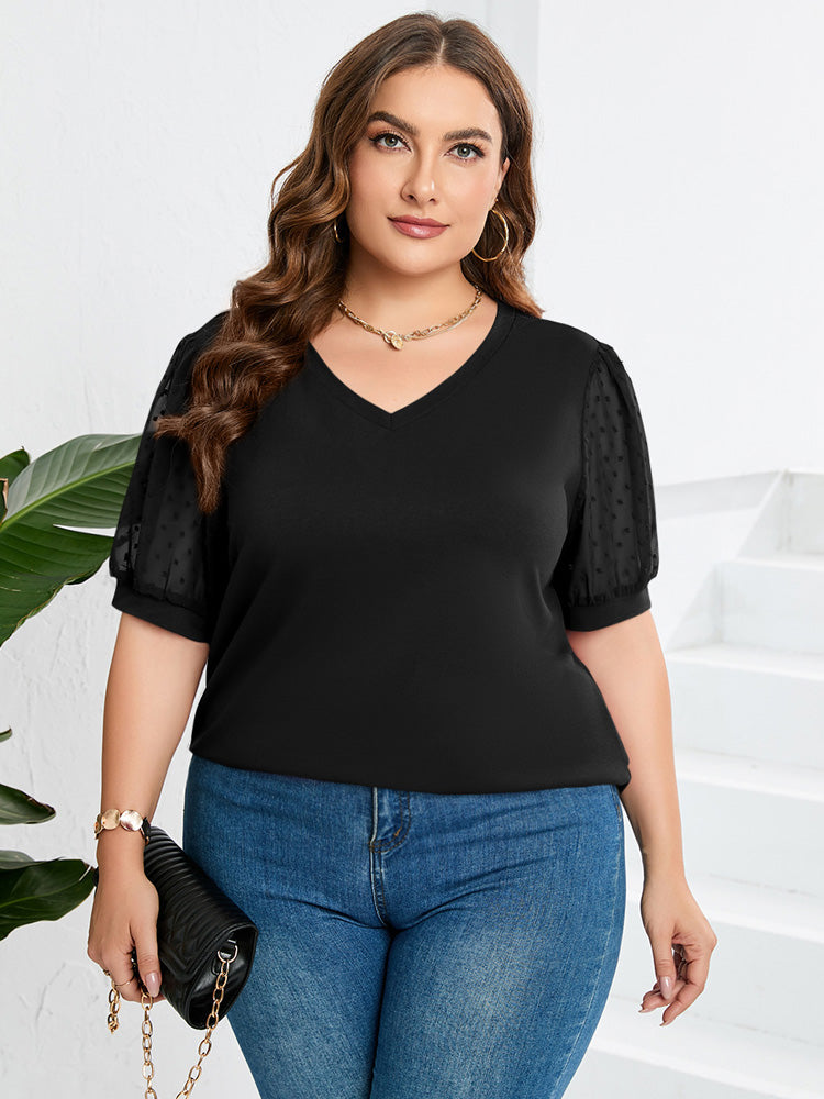 V-Neck Swiss Dot Puff Sleeve Top