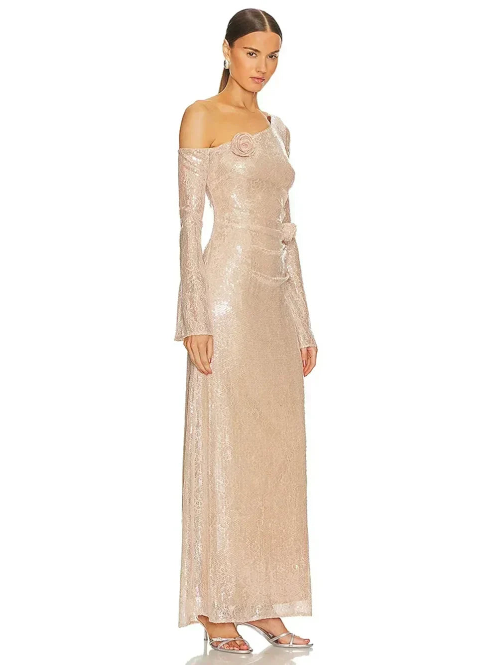 Sequin One Shoulder Long Sleeve 3D Floral Bodycon Maxi Dress - View 2