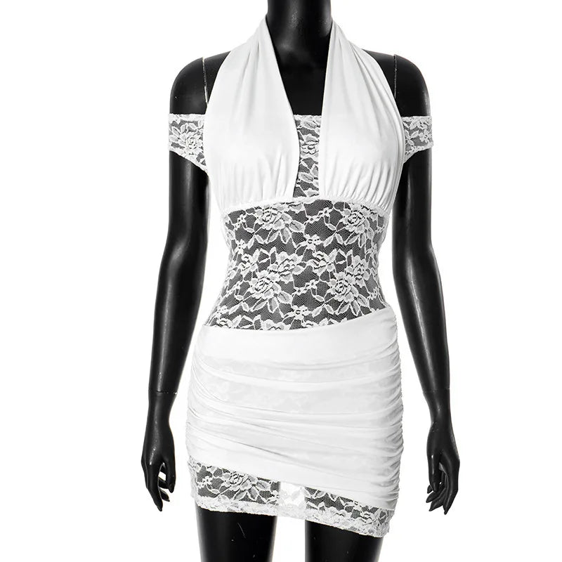 Lace Halter Neck Off Shoulder Ruched Bodycon Mini Dress - View 9