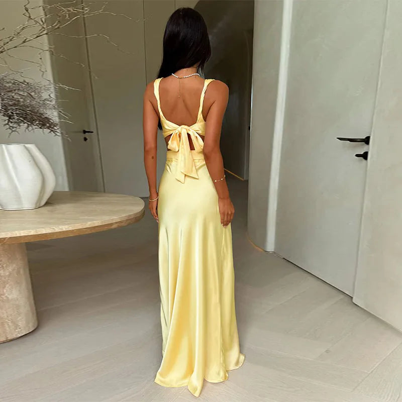 Satin Deep V-Neck Side Cut Out Waist Maxi Party Dress - View 3