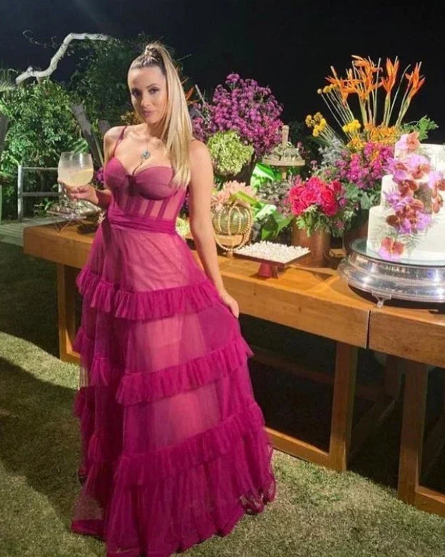 Strapless Sweetheart Corset Tiered Ruffle Tulle Maxi Gown - View 3
