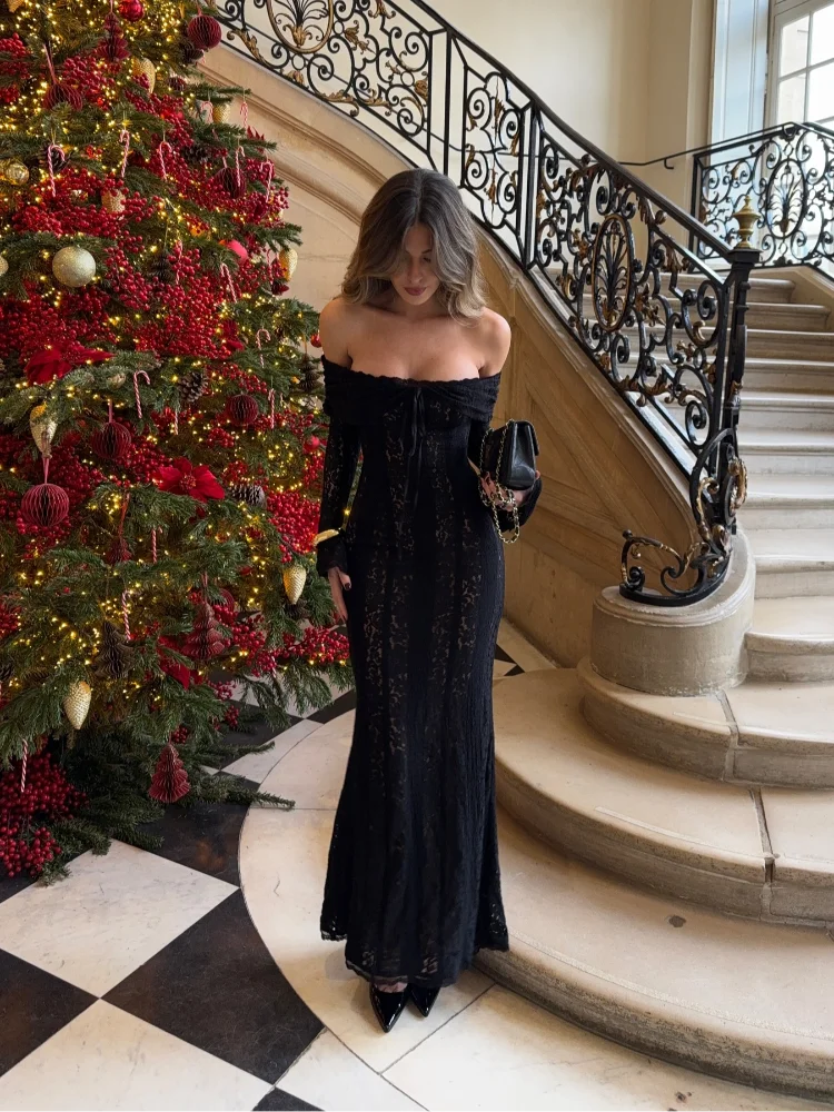 Lace Off Shoulder Long Sleeve Mermaid Maxi Gown - View 5