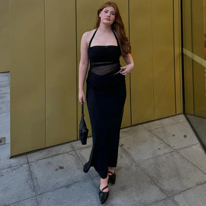 Mesh Halter Neck Backless Ruched Bodycon Maxi Dress - View 15