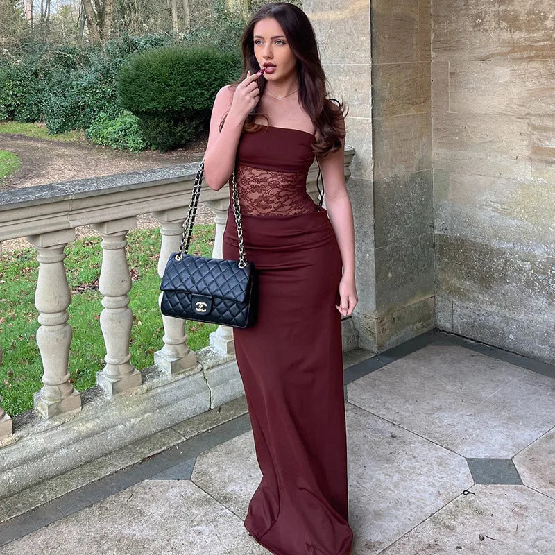 Spaghetti Strap Sheer Lace Hollow Out Long Dress