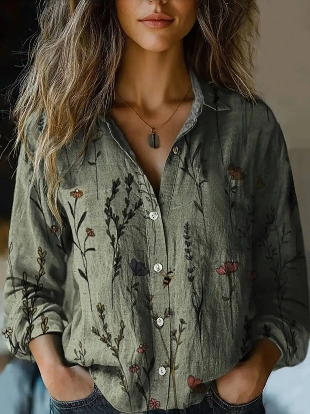 Floral Print Long Sleeve Button Front Utility Shirt 9