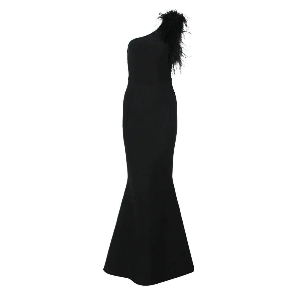Dainty In The Dark Elegant One Shoulder Feather Maxi Dress - View 7