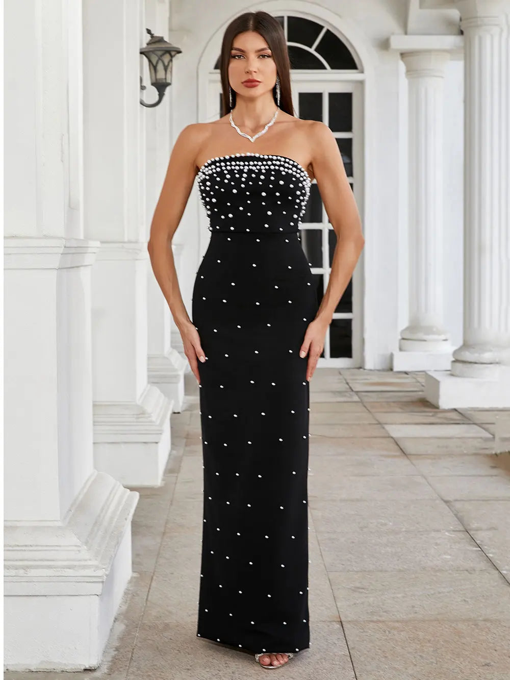 Pearl Embellished Strapless Tube Bodice Bodycon Maxi Gown - View 4