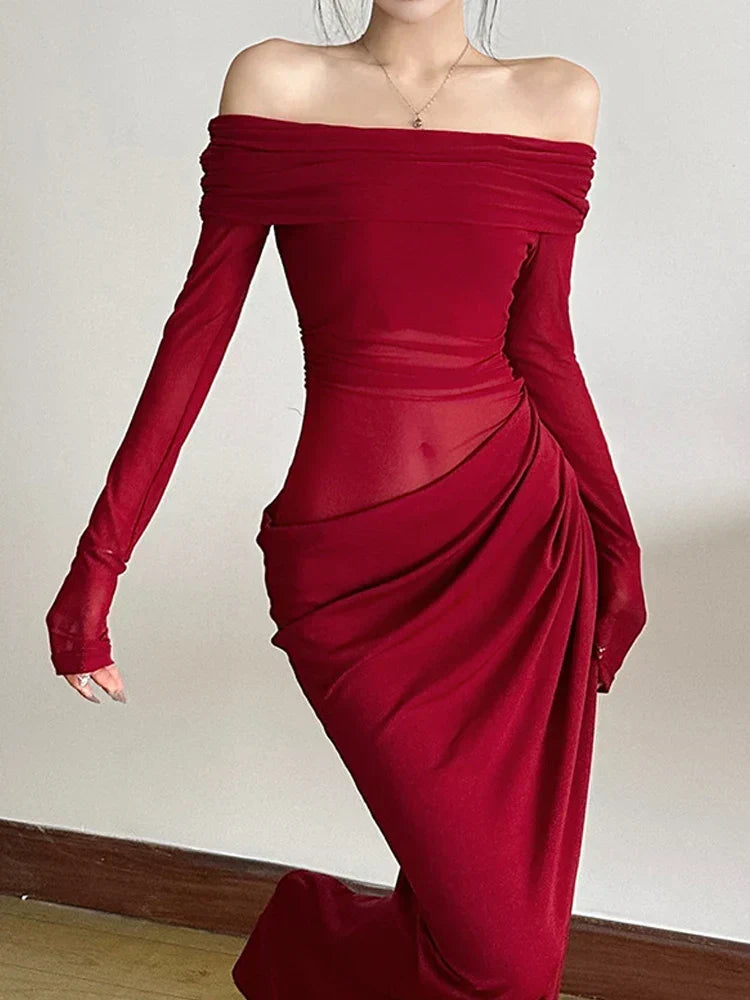 Mesh Slash Neck Patchwork Maxi Dress - View 3