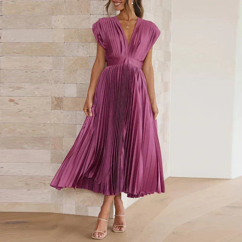 Deep V-Neck Cap Sleeve Pleated Flared Midi Dress