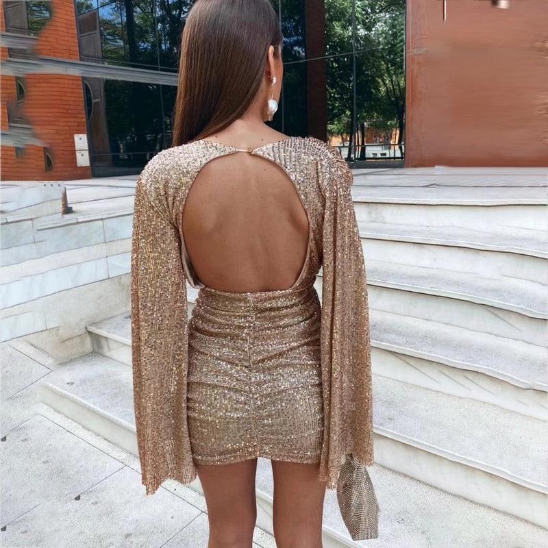 Sequin Deep V-Neck Cape Sleeve Bodycon Mini Party Dress - View 5