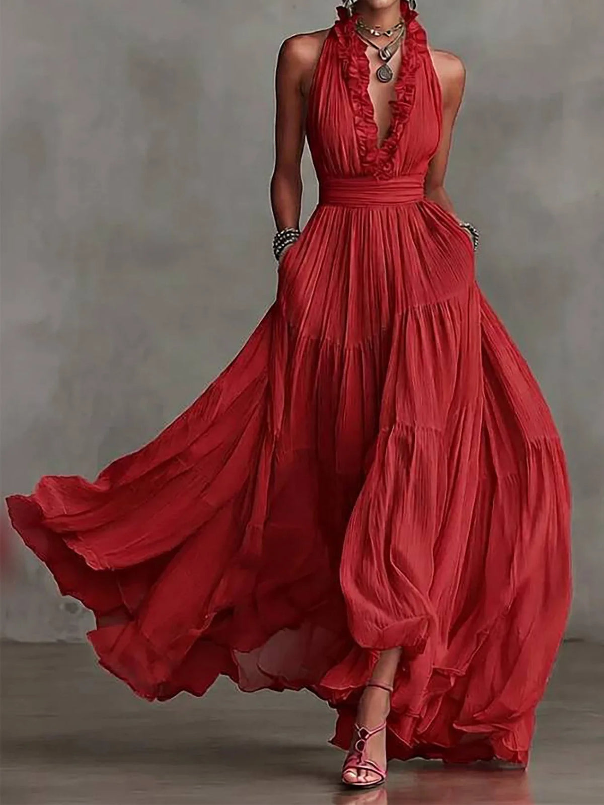 Halter Neck Deep V-Neck Ruffle Chiffon Maxi Dress 3