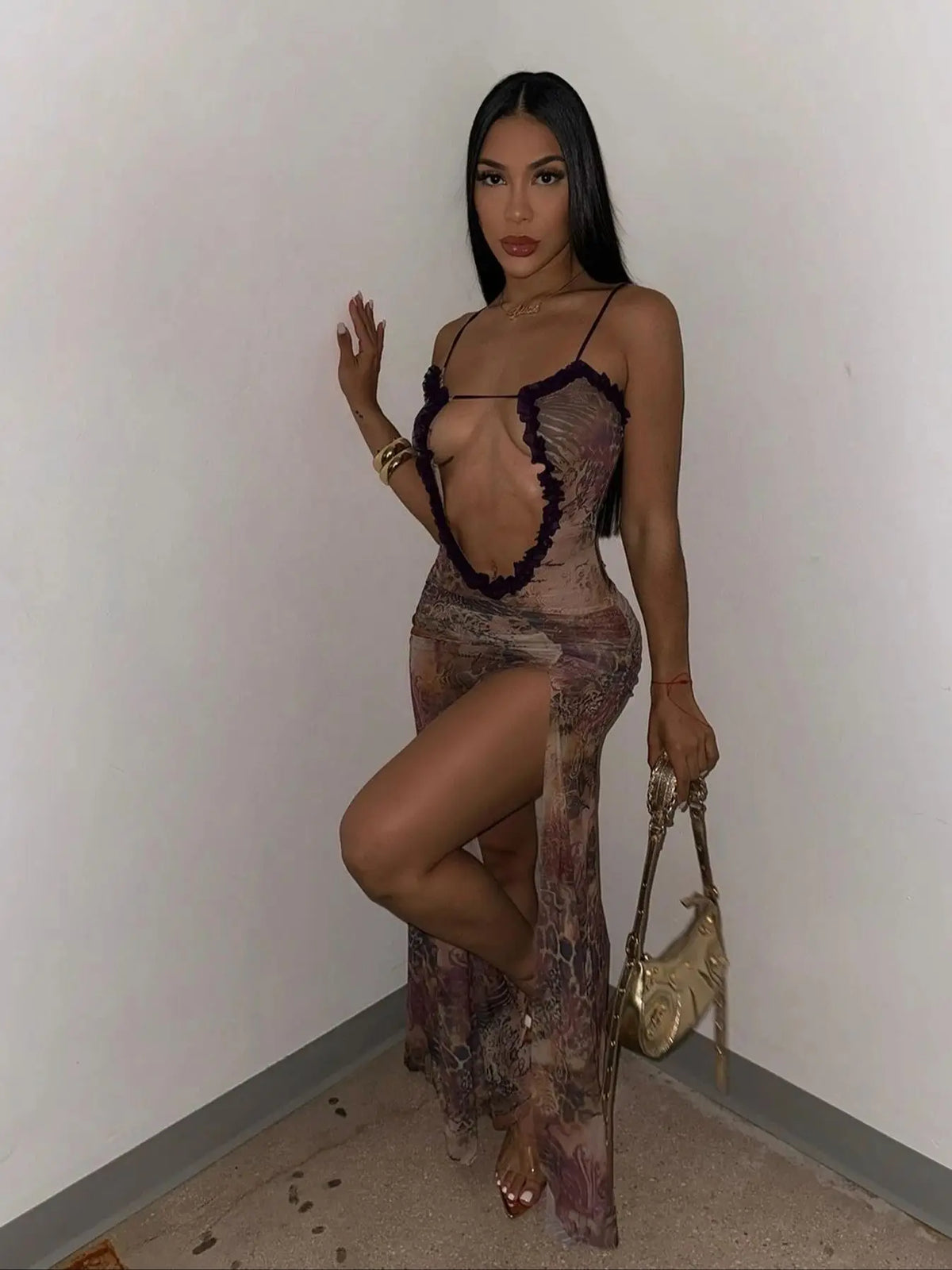 Sheer Mesh Laceup Black Maxi Dress - View 3