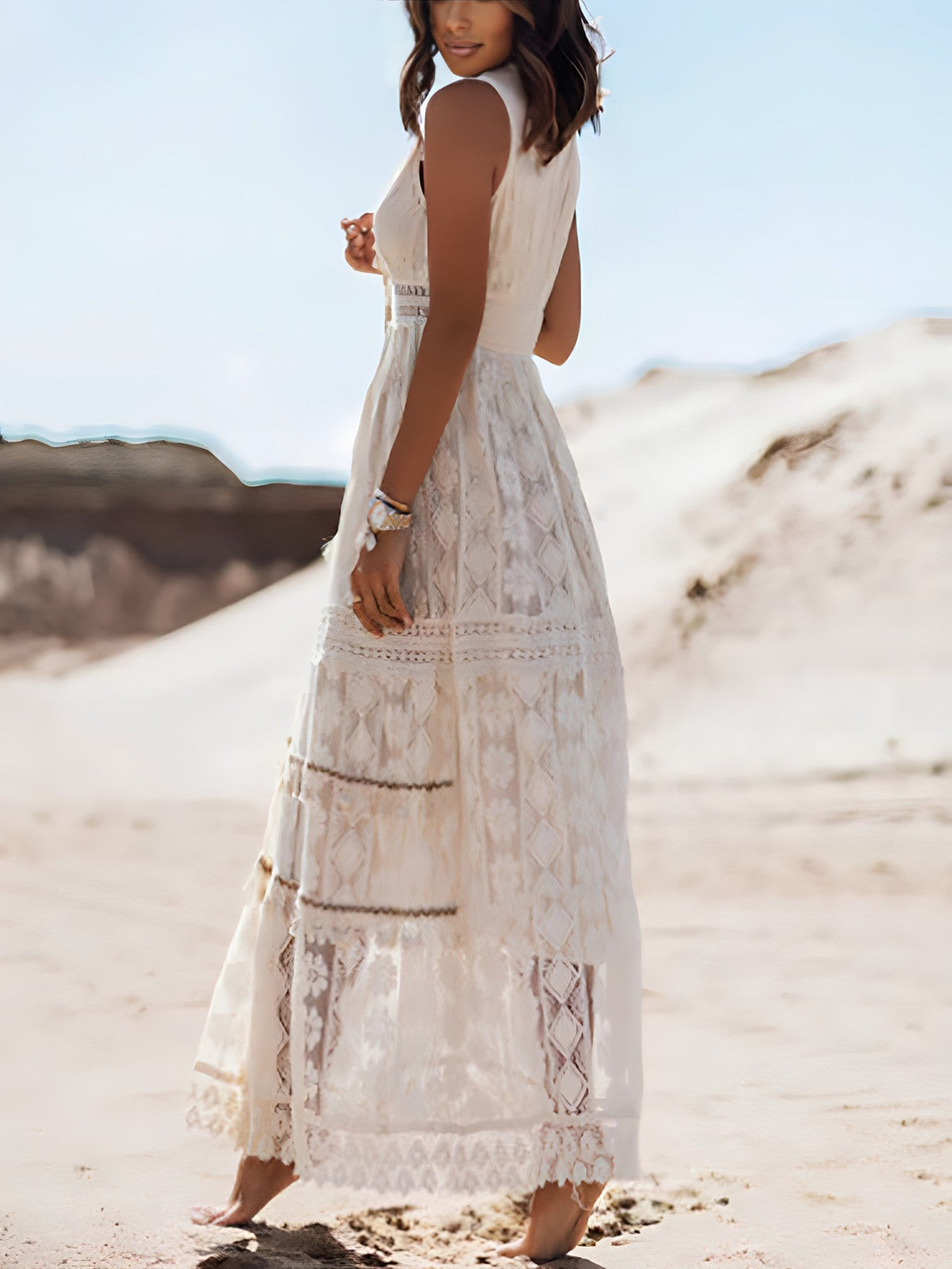Lace Crochet Empire Waist V-Neck High Split Tiered Maxi Dress - View 3