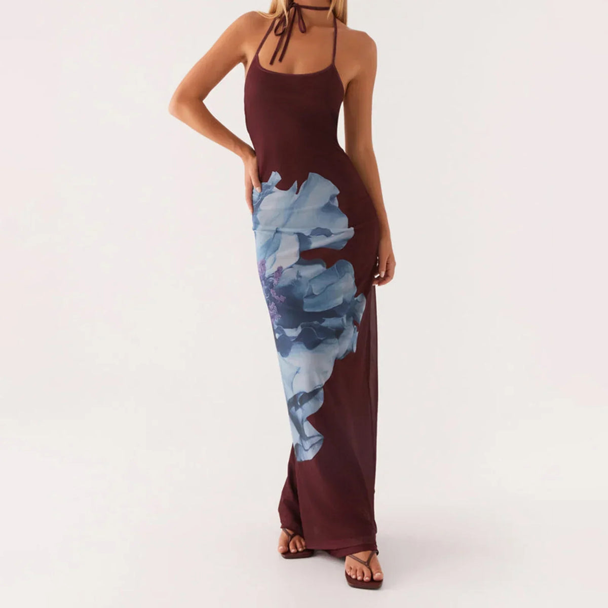 Floral Spaghetti Strap Lace Up Open Back Bodycon Maxi Dress