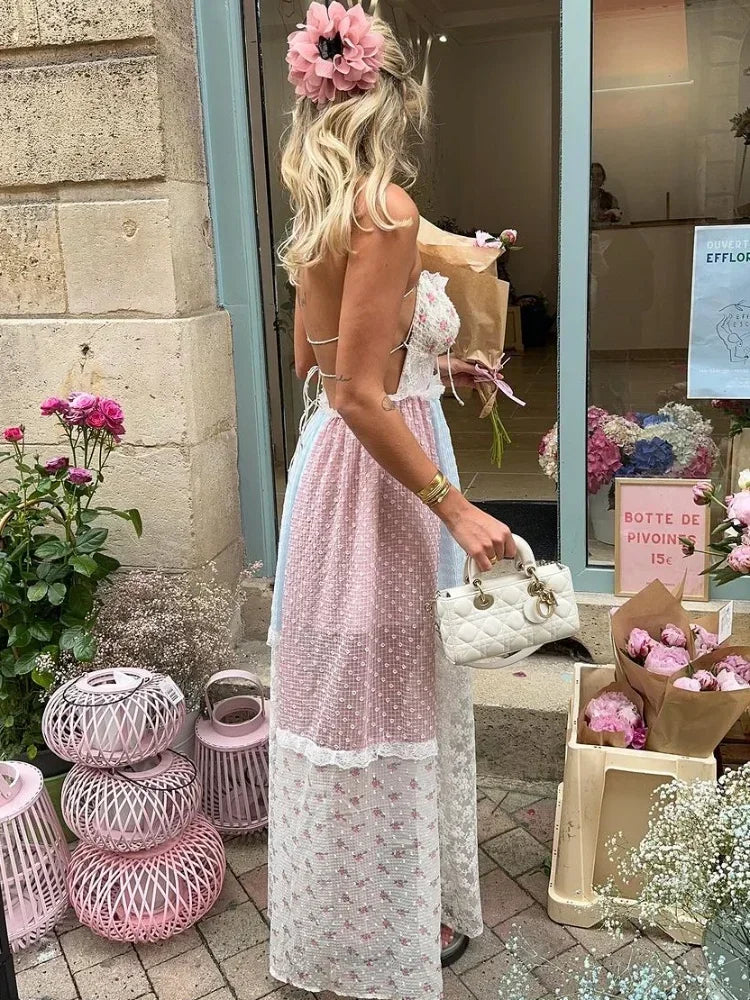 Lace Patchwork Halter Maxi Dress - View 4