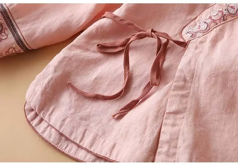 Embroidered Trim V-Neck Long Sleeve Wrap Blouse 18