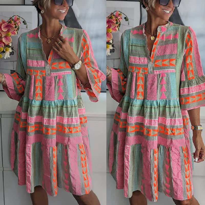 Geometric Print Mandarin Collar Bell Sleeve Tiered Mini Dress - View 5