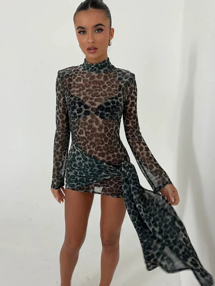 Leopard Sheer Bandage Long Sleeve Mini Dress - View 6