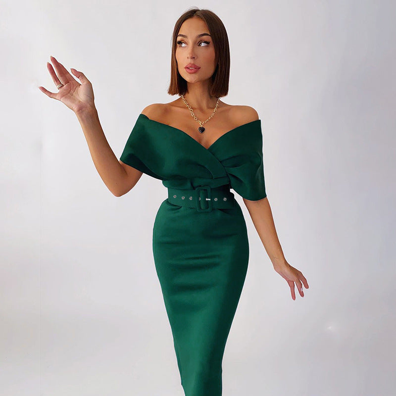 Satin Deep V-Neck Batwing Sleeve Belted Bodycon Midi Dress - View 4