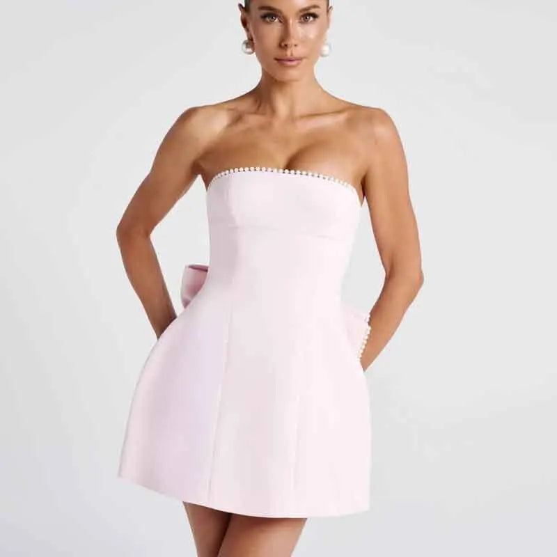 Pearl Trim Strapless Bow Back Fit and Flare Mini Dress - View 3