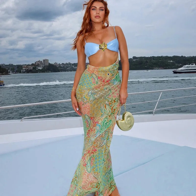 Bustier Rhinestone Brooch Cut Out Paisley Print Maxi Dress