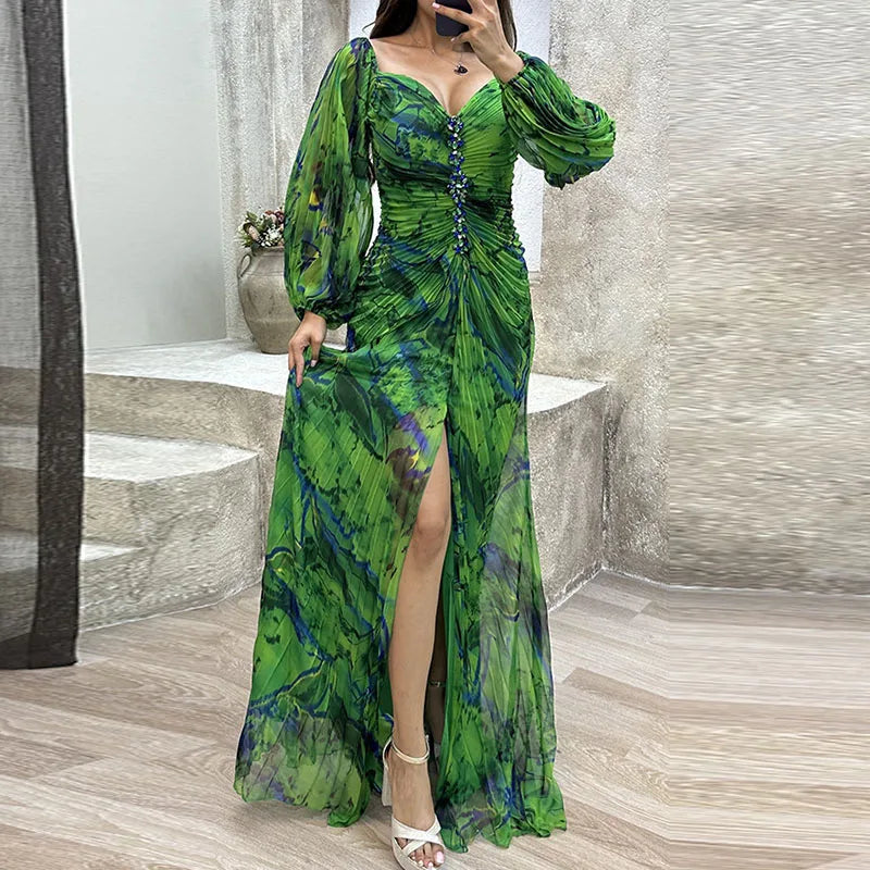 Pleated Off Shoulder Puff Sleeve Rhinestone Ruched Maxi Gown - View 3