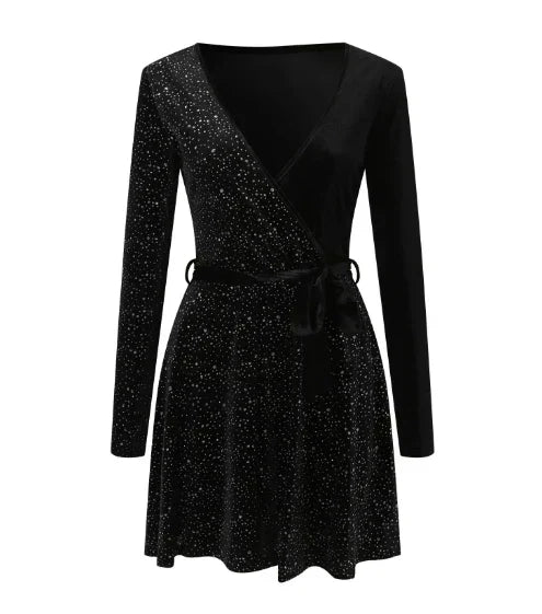 Glitter V-Neck Long Sleeve Tie Waist Velvet A-Line Mini Dress 2