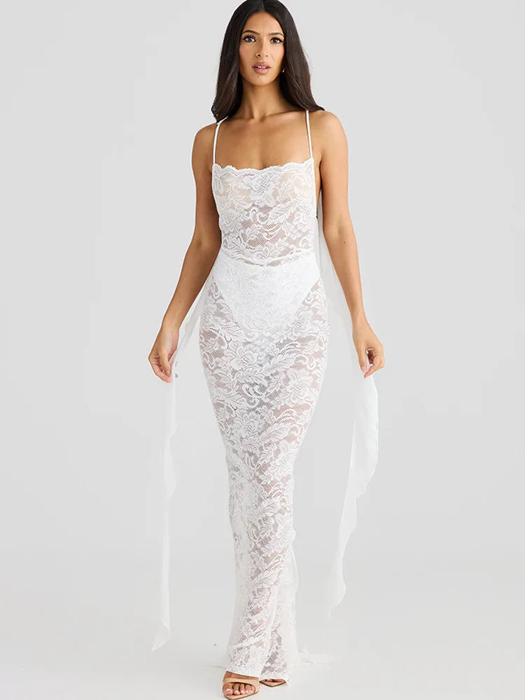 Floral Lace Backless Open Back Rosette Draped Train Maxi Gown - View 5