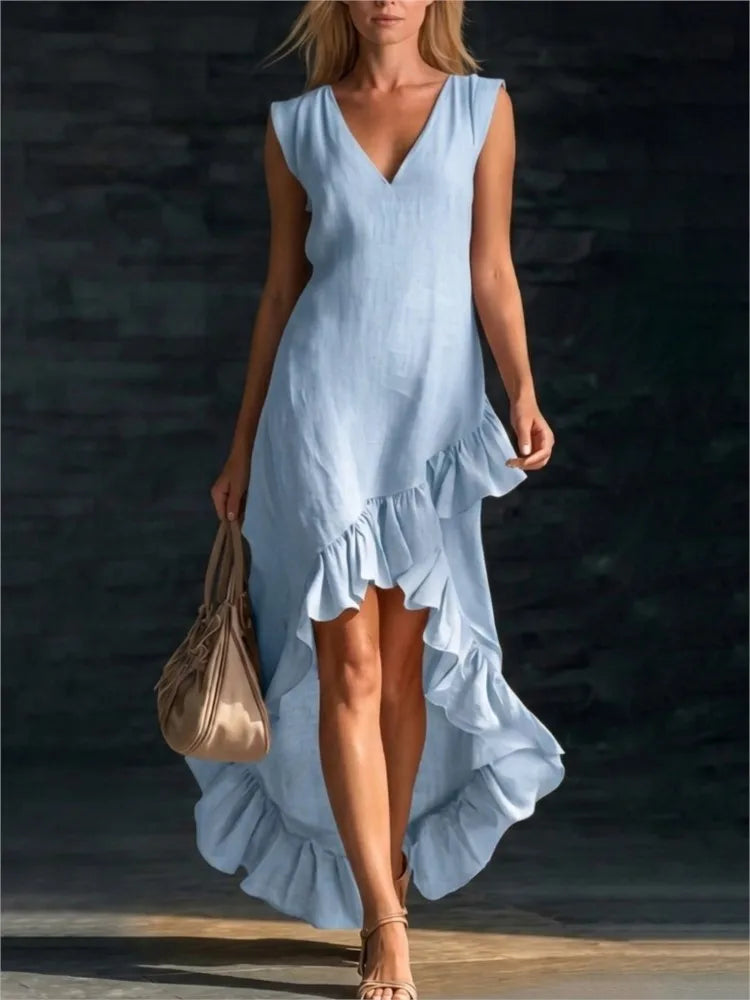 V-Neck Sleeveless Ruffle Hem High Low Maxi Dress 3