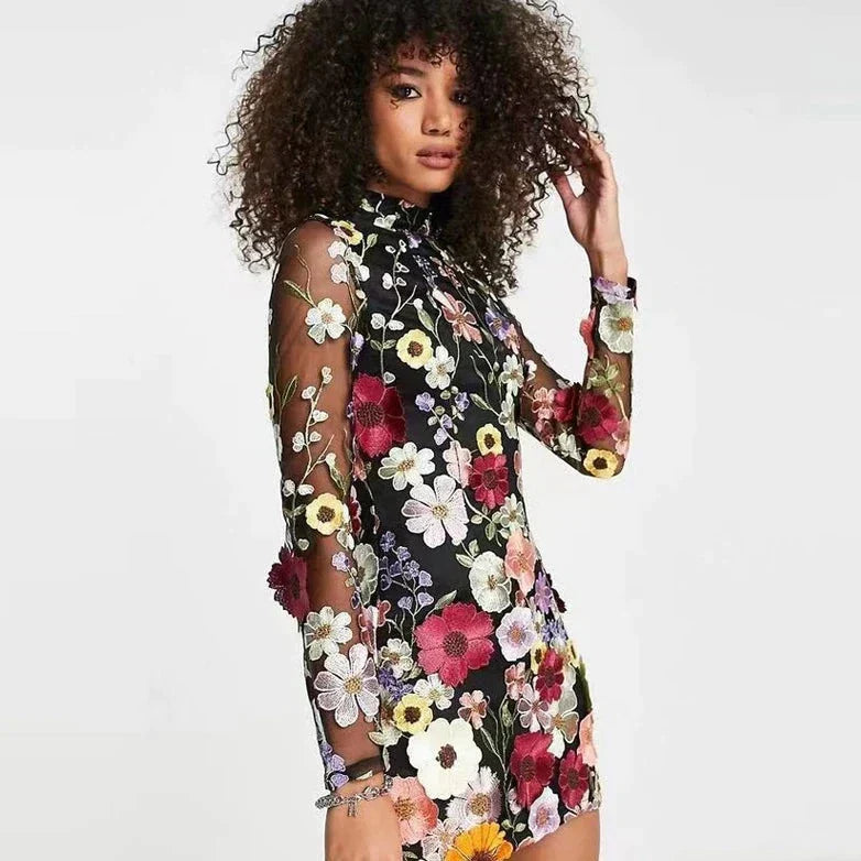 Mesh Floral Embroidered Long Sleeve High Neck Backless Cut Out Gown - View 2