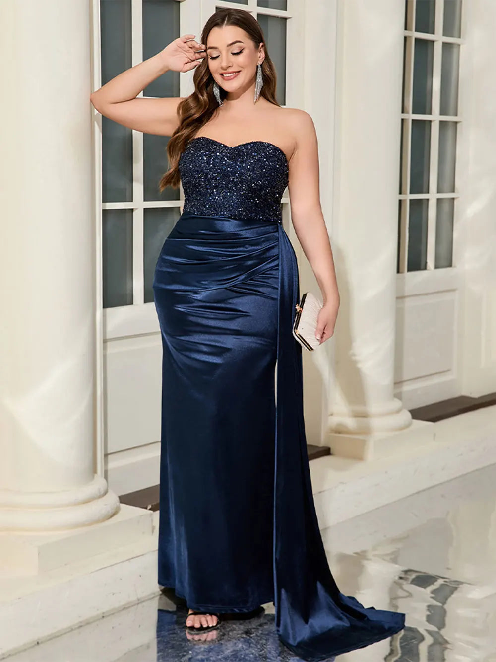 Sequin Strapless Sweetheart Ruched Draped Side Panel Satin Maxi Gown - View 7