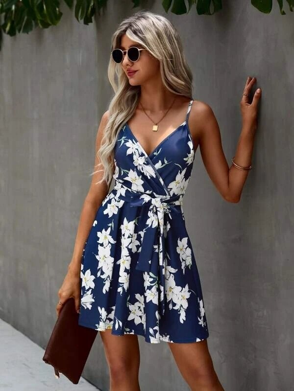 Floral Spaghetti Strap Surplice V-Neck Belted Skater Mini Dress
