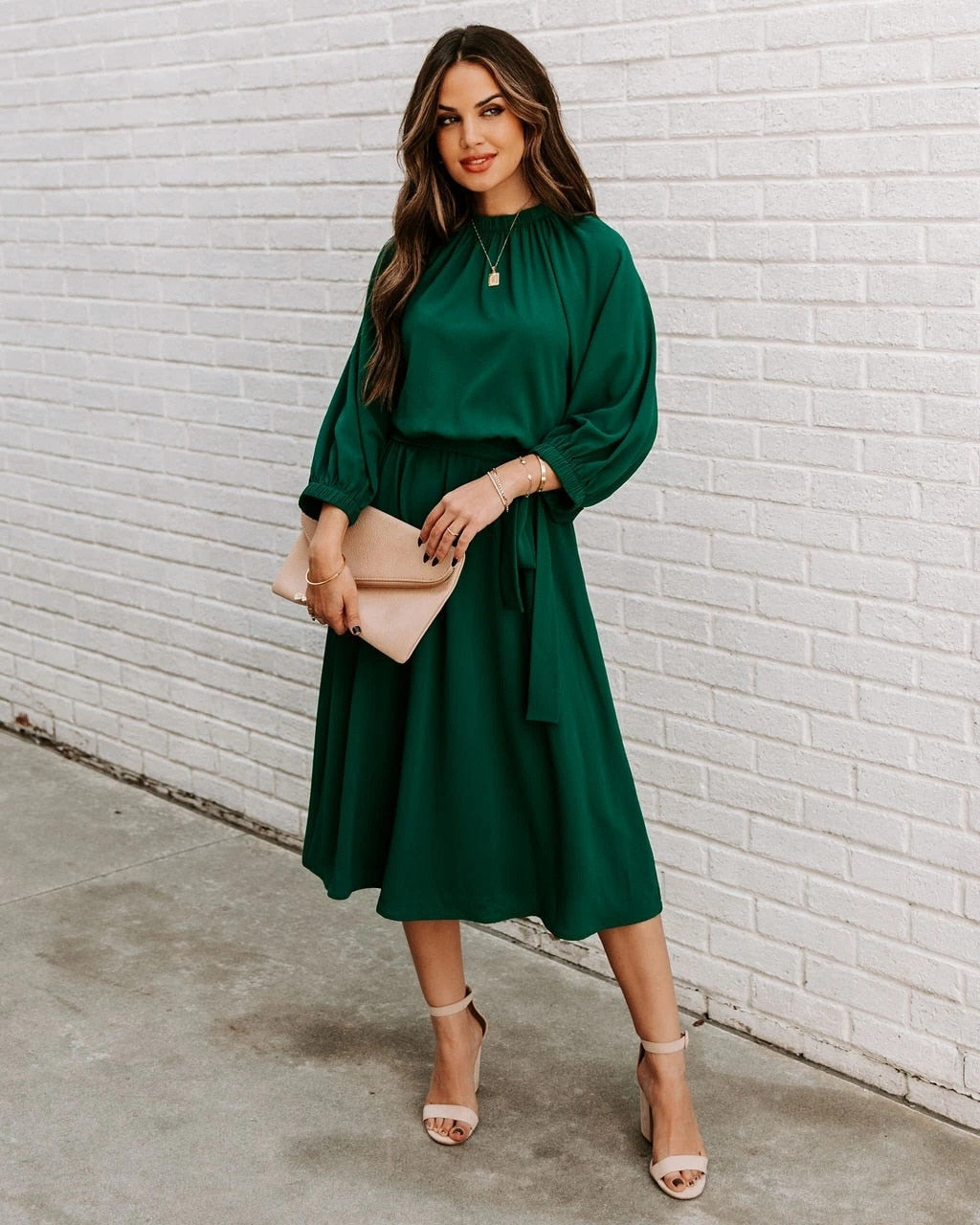 Mock Neck Long Sleeve Belted A-Line Midi Dress - View 10