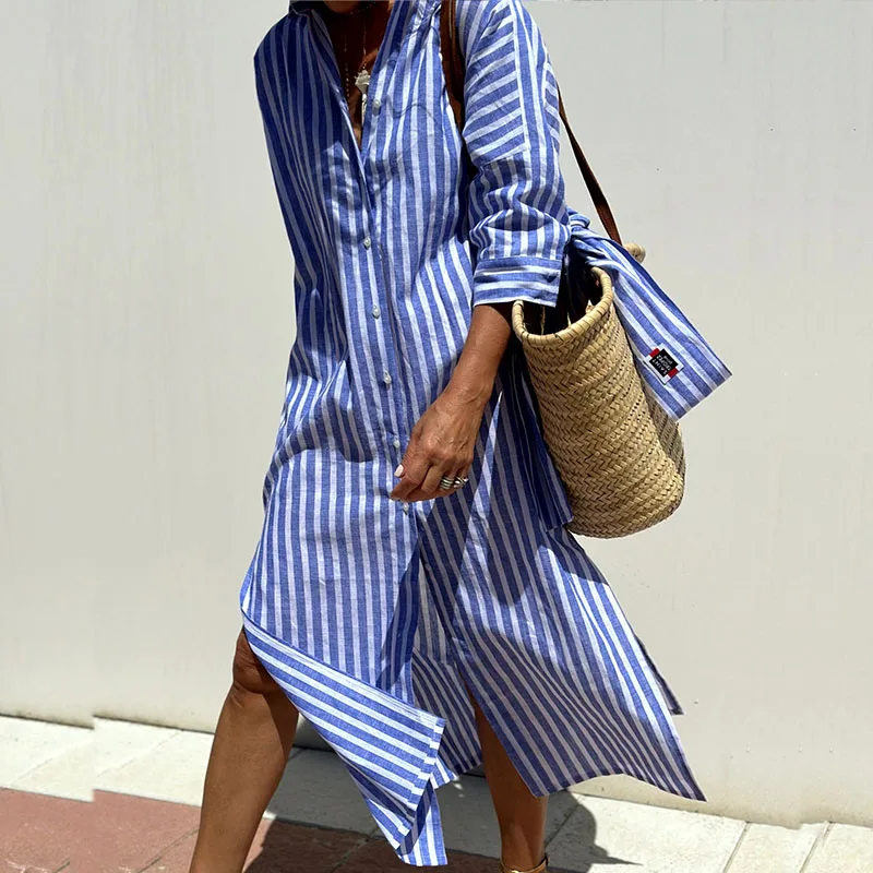 Vertical Striped Collared Button Down Maxi Shirt Dress - View 3